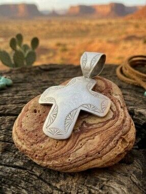 Vintage Taxco Mexico SS 925 Signed Cross Pendant "3.75 X 2.5" 23 G 15mm Bail